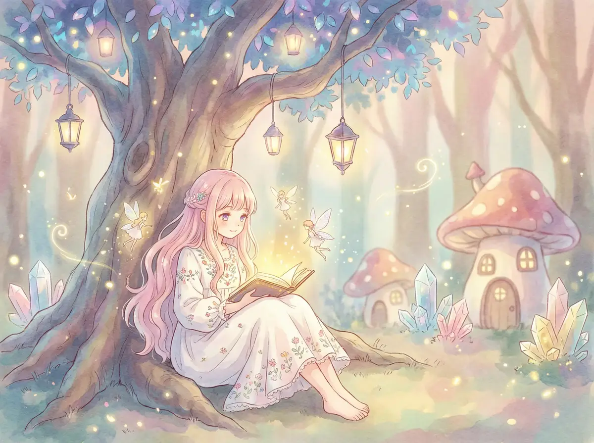 威威阔少爷 - 魔法森林中阅读故事书的粉发少女与精灵